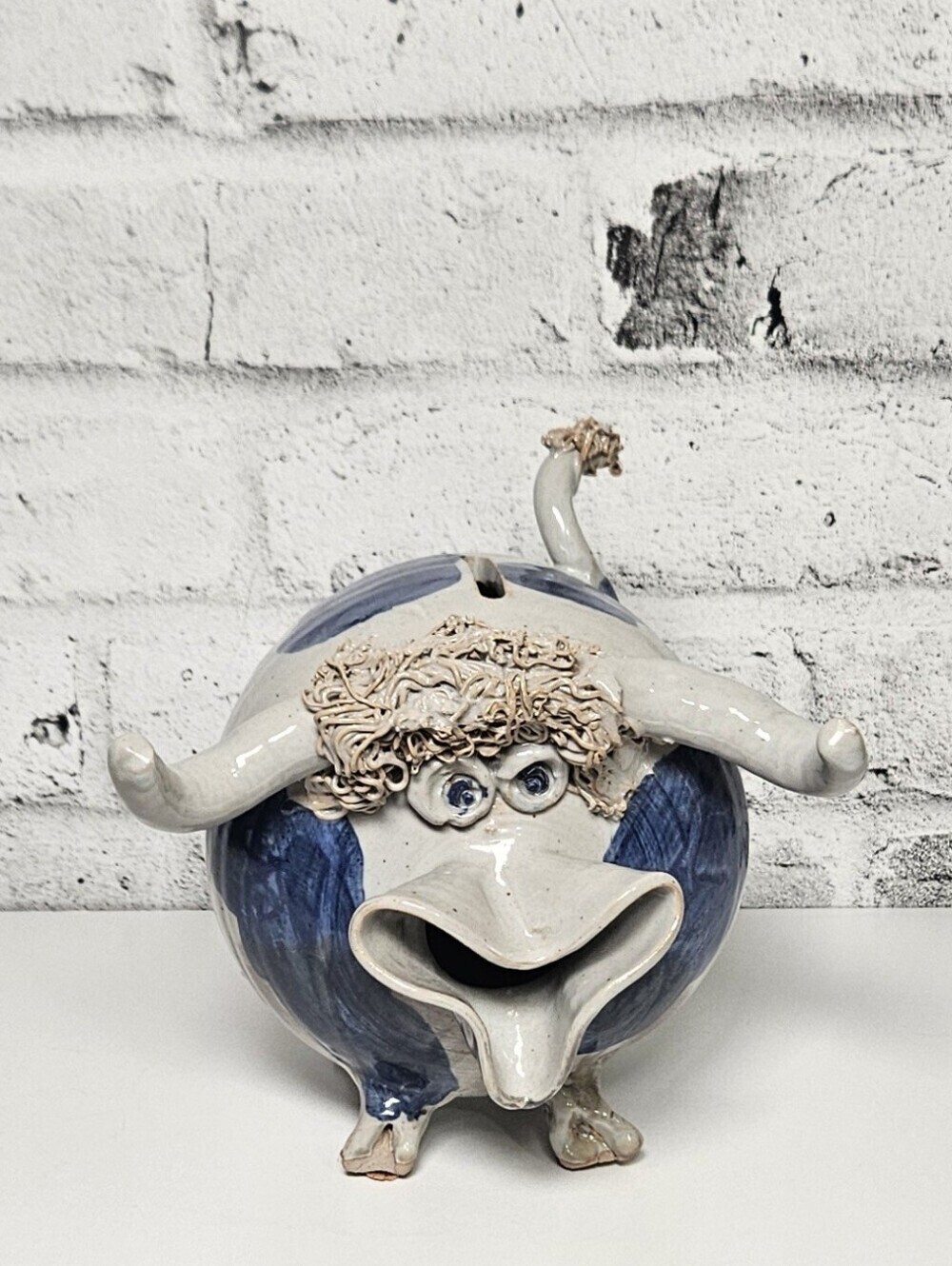 Vintage Handmade Ceramic Cow Coin Bank Blue White Folk Art Pottery